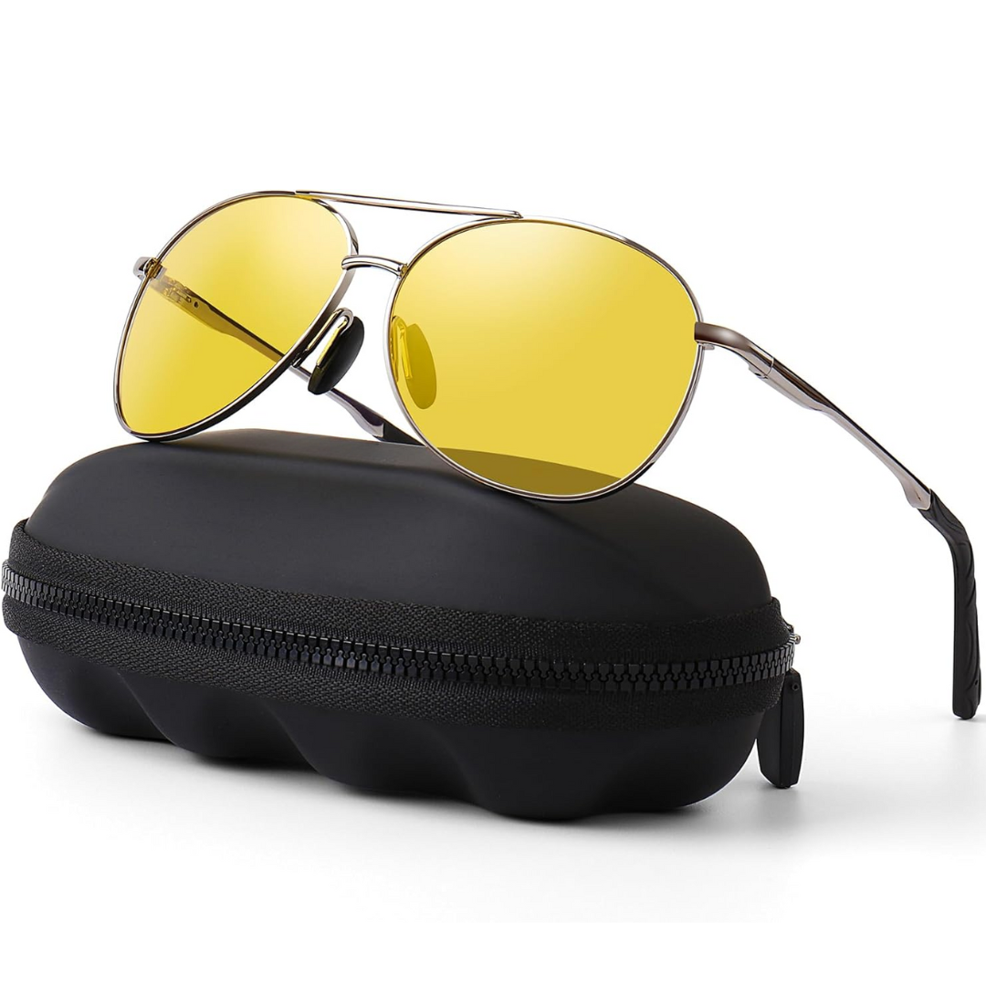 Gelbe Aviator-Sonnenbrille mit Metallrahmen auf schwarzem Etui, modisch und stilvoll.
