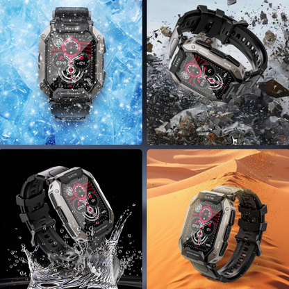 Robuste wasserdichte Smartwatch mit schwarzem Armband, ideal für Outdoor-Aktivitäten.