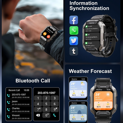 Smartwatch mit Bluetooth-Anruf, Wettervorhersage, Informationssynchronisation, schwarz, robust.