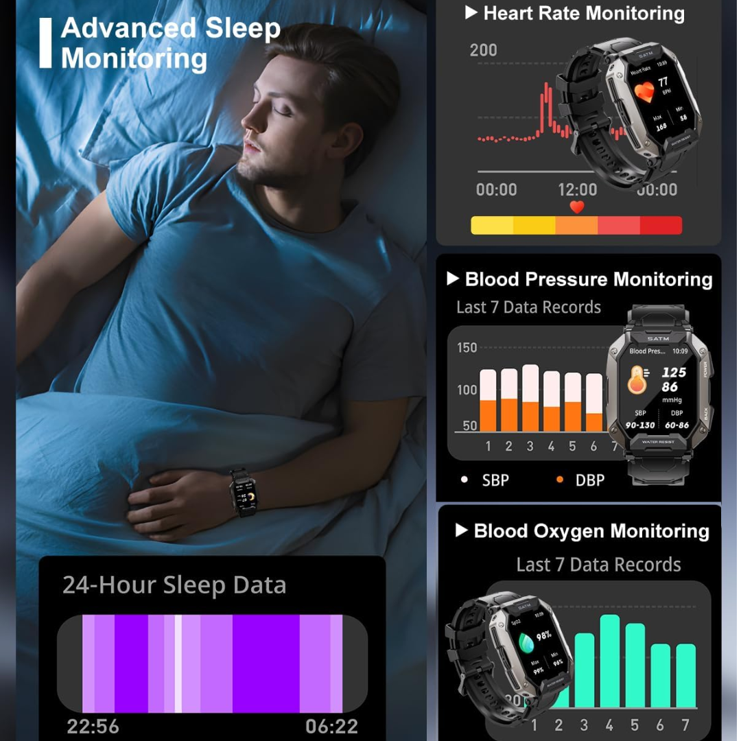 Schlafüberwachung Smartwatch, Herzfrequenz, Blutdruck, Sauerstoff, Gesundheitsdaten, schwarz