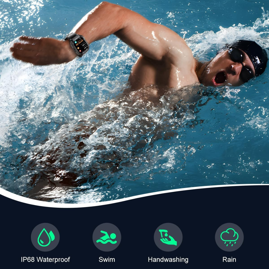 Mann schwimmt mit wasserdichter Smartwatch, IP68, im Pool, ideal für Schwimmen und Regen.