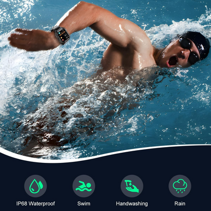 Mann schwimmt mit wasserdichter Smartwatch, IP68, im Pool, ideal für Schwimmen und Regen.