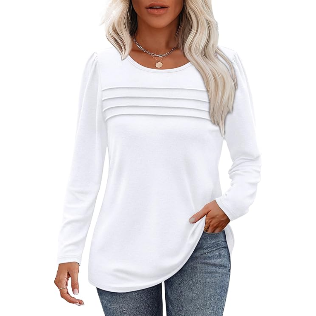 Weiße Damenbluse mit langen Ärmeln, Rundhalsausschnitt, Falten, lässig, elegant.