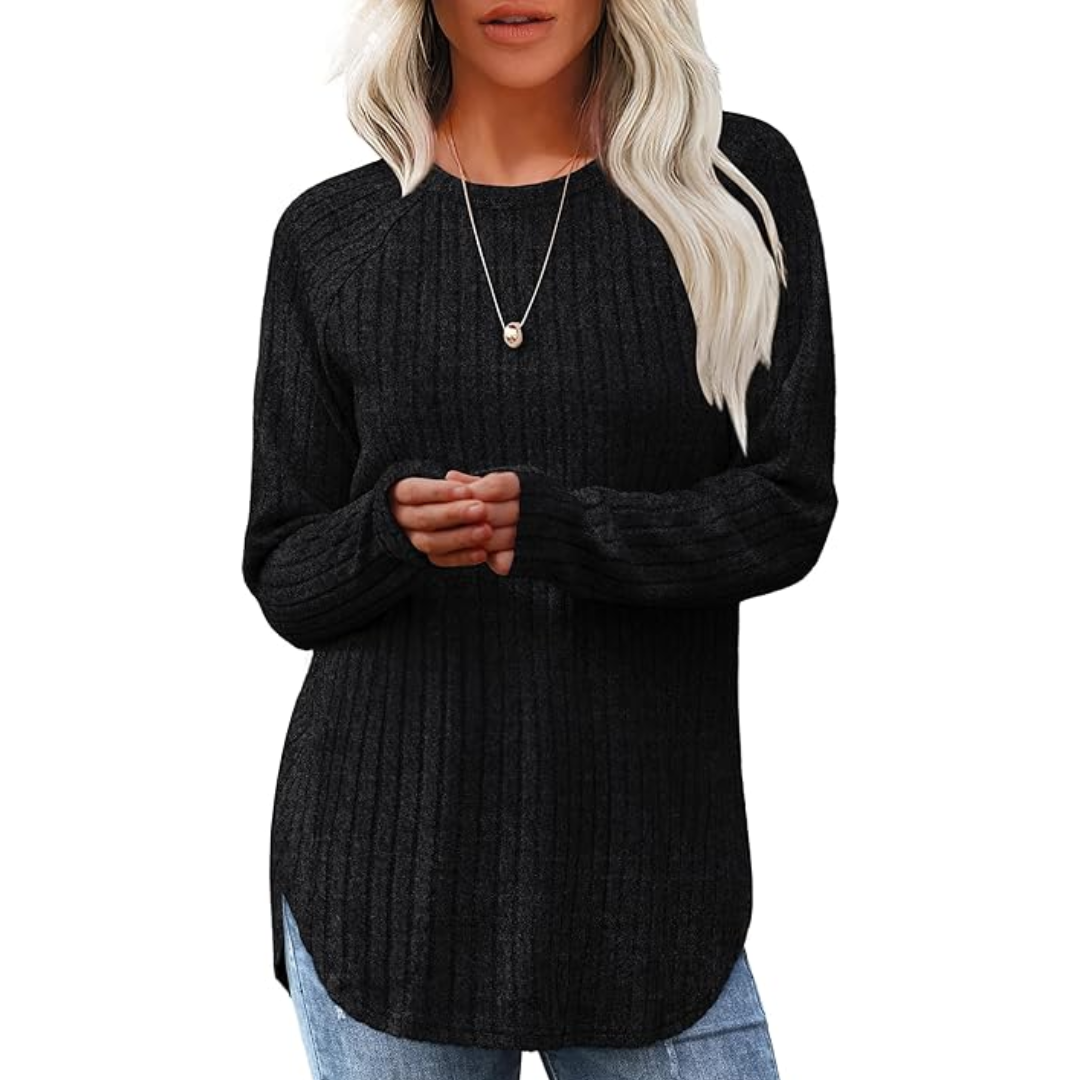 Damen Pullover schwarz, Strick, langärmelig, Rundhals, lässig, Herbstmode, elegant.