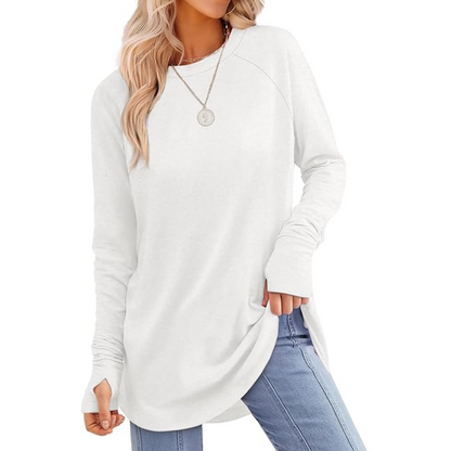Weiße Damen-Langarmshirt, lässig, Baumwolle, Rundhals, modisch, bequem, Herbstmode.
