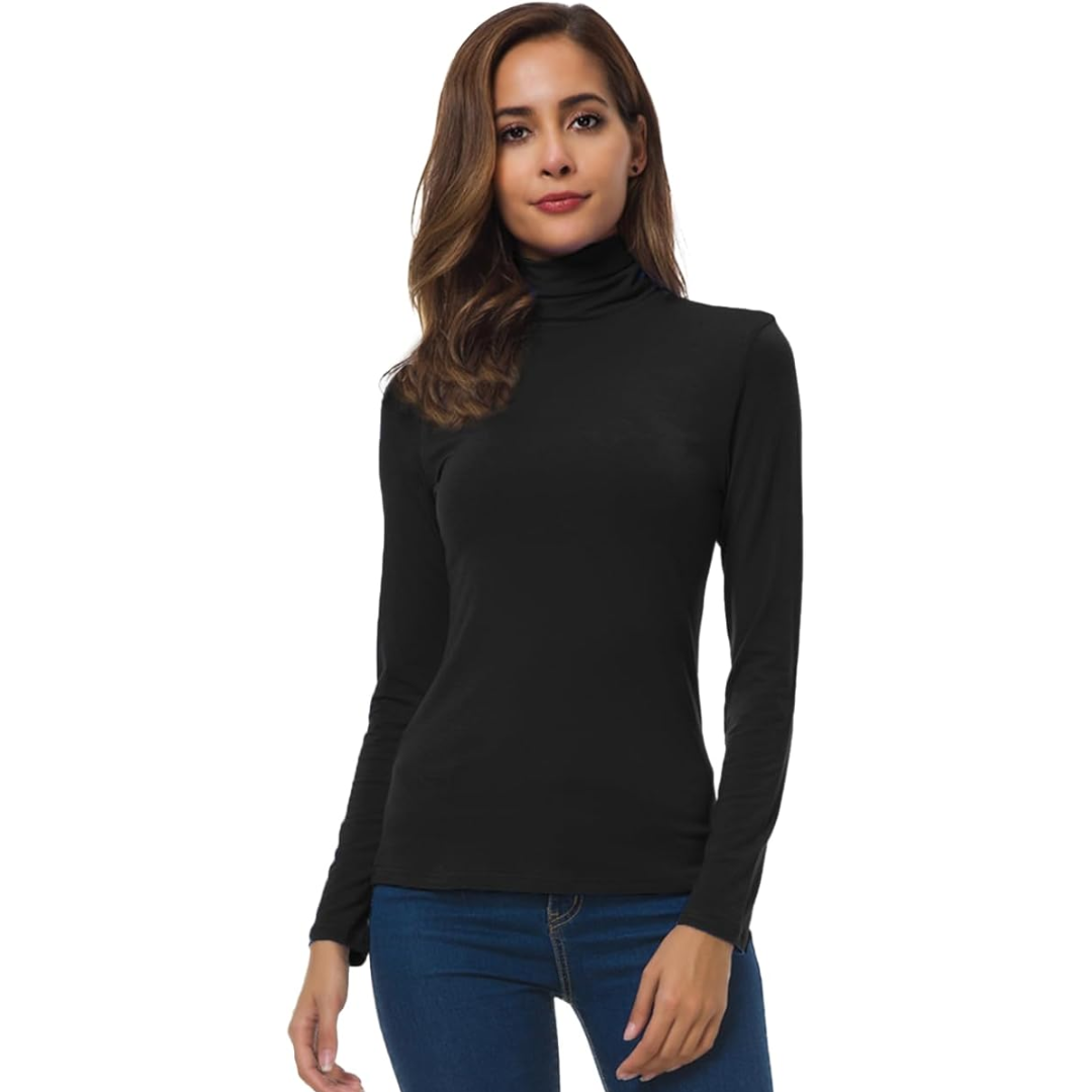 Frau in schwarzem Rollkragenpullover, lange Ärmel, modisch, elegant, Herbstmode.