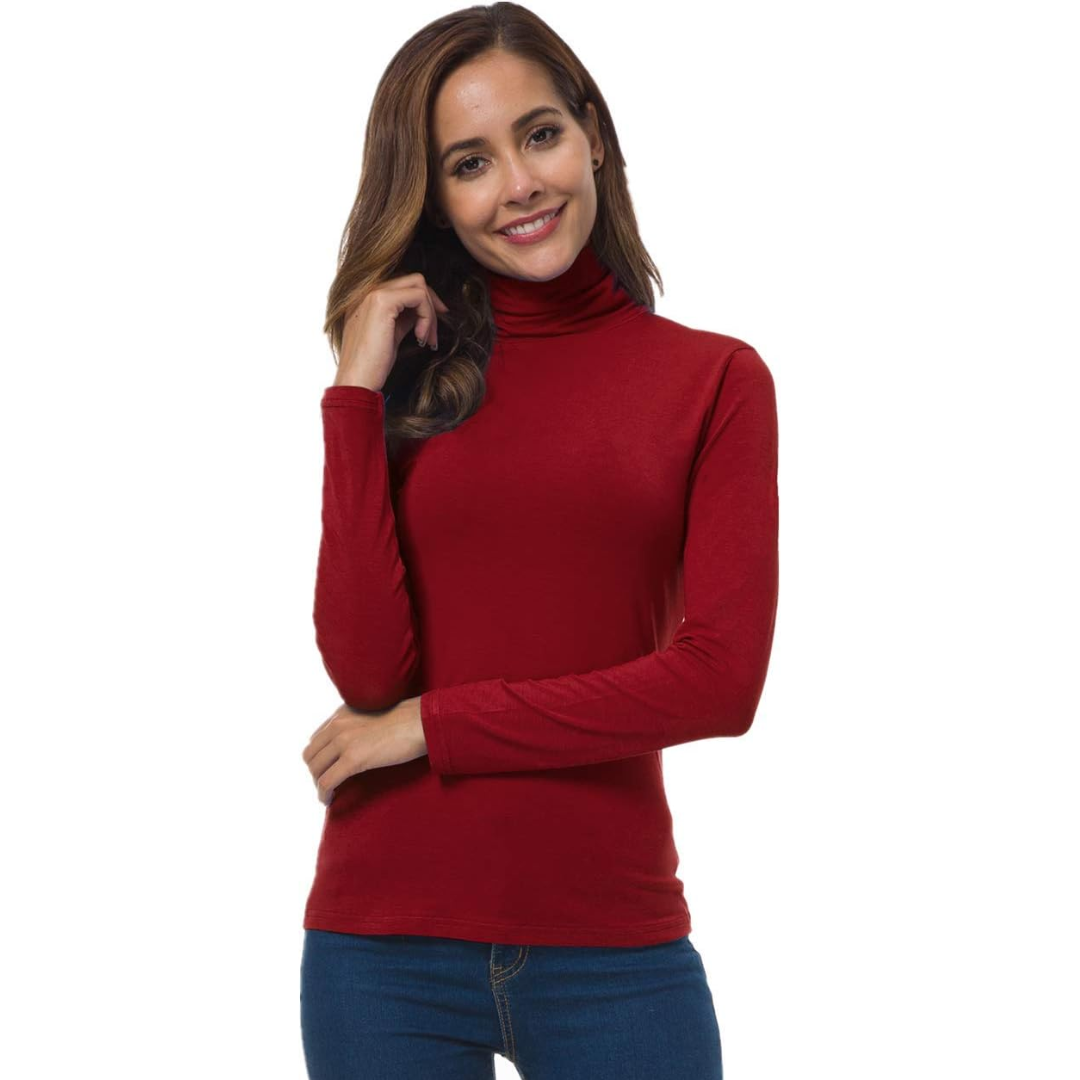 Frau in rotem Rollkragenpullover, lächelnd, blaue Jeans, Mode, Damenbekleidung, Herbststil.
