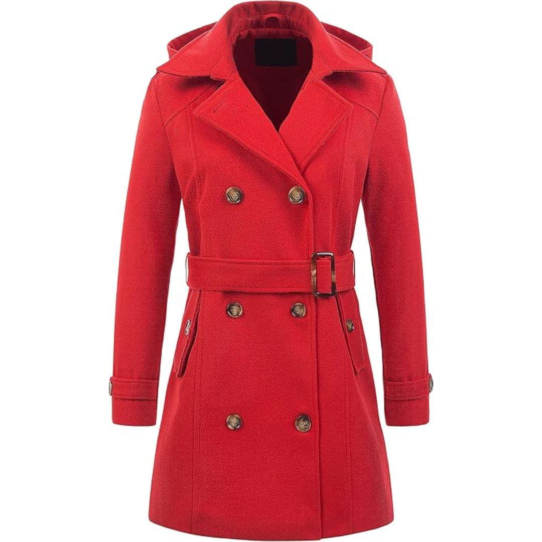 Roter Damenmantel, doppelte Knopfleiste, Kapuze, Gürtel, Wintermode, eleganter Wollmantel.