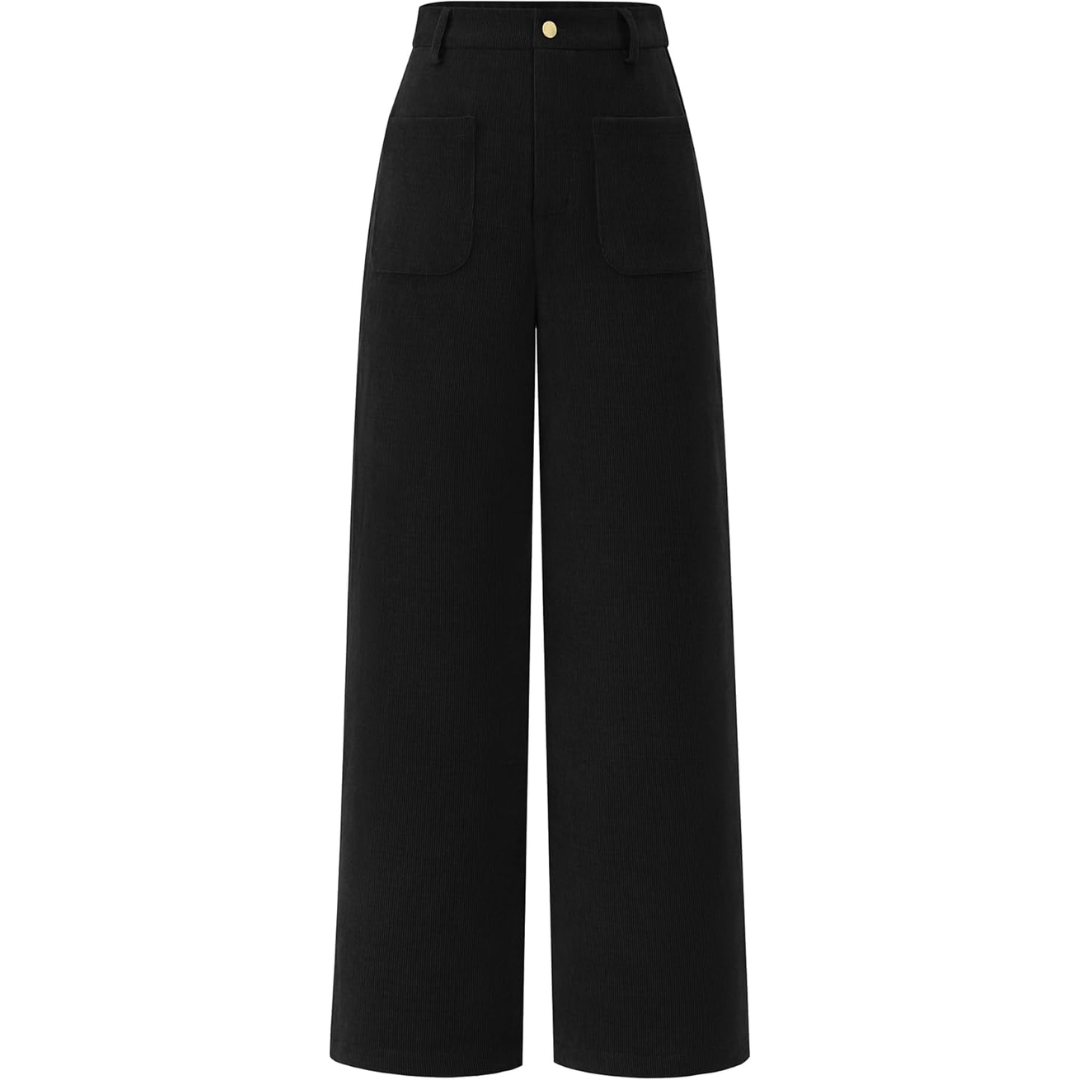 Schwarze Damen-Cordhose, weites Bein, hohe Taille, modisch, elegant, Herbstmode.