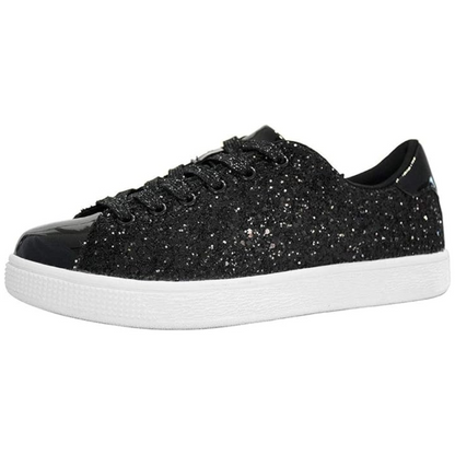 Schwarzer Glitzer-Sneaker mit weißer Sohle, Damenmode, modische Freizeitschuhe.