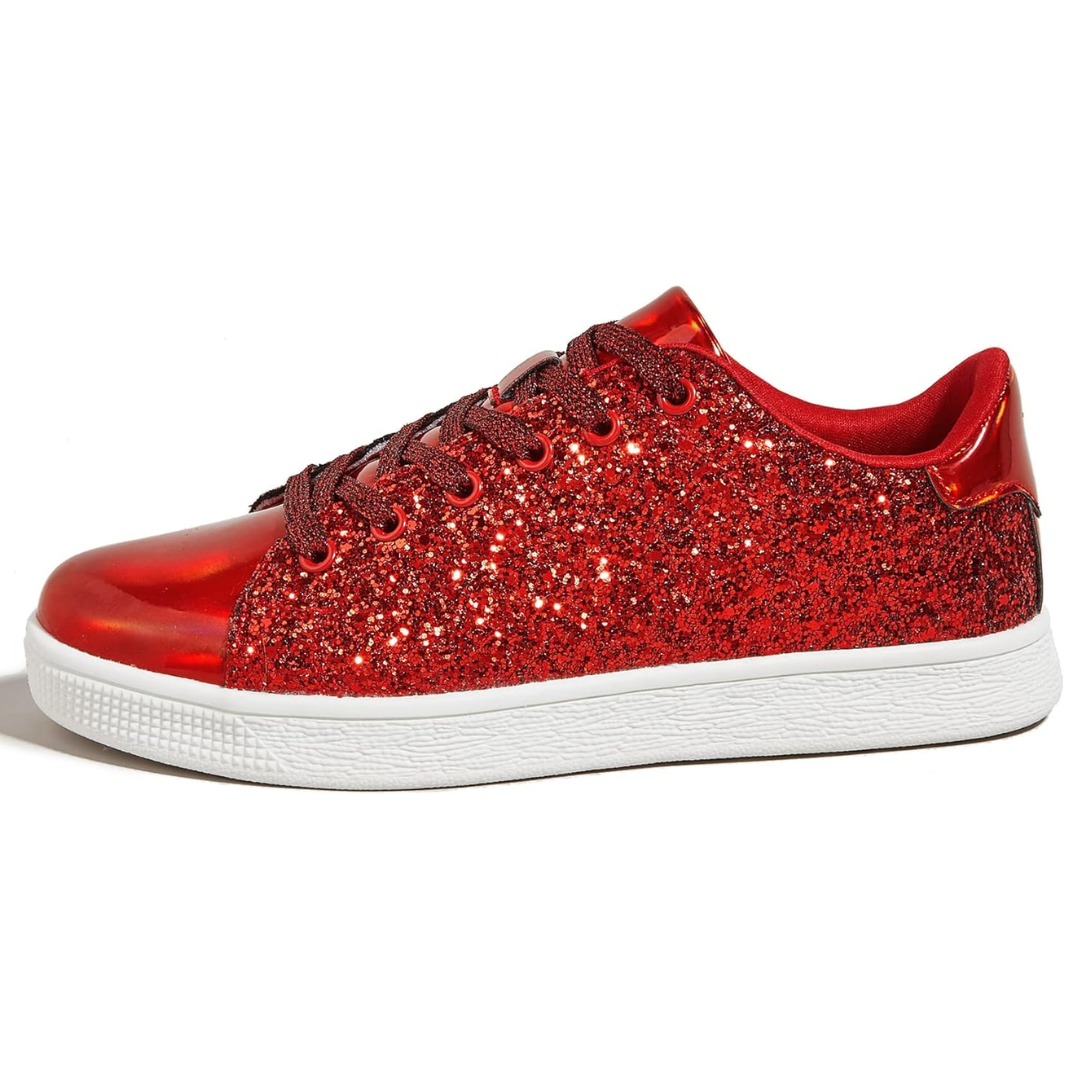 Roter Glitzer-Sneaker, Damen, modisch, glänzend, weißer Gummisohle, Freizeit, bequem.