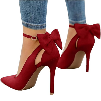 Rote Damen High Heels mit Schleife, Wildleder, spitzer Zeh, eleganter Stiletto, modische Schuhe.