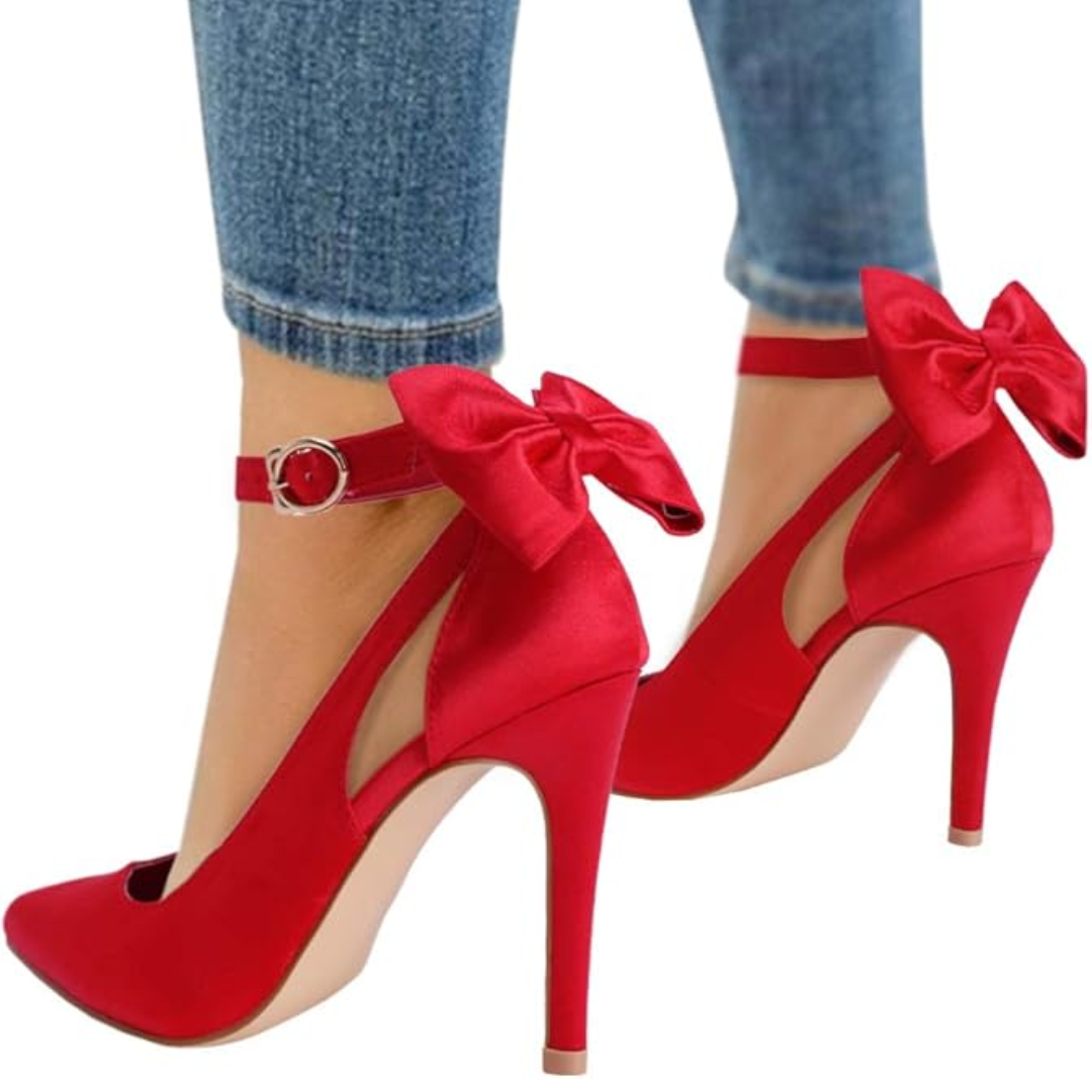 Rote High Heels mit Schleife, Damen Pumps, Satin, elegantes Design, festliche Schuhe.
