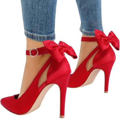 Rote High Heels mit Schleife, Damen Pumps, Satin, elegantes Design, festliche Schuhe.