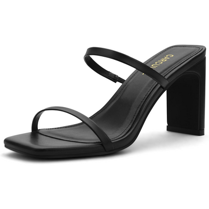 Schwarzer Damen-High-Heel-Sandalette, Leder, quadratische Spitze, elegantes Design.