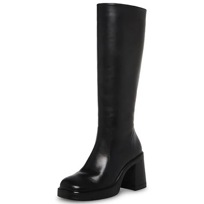 Schwarzer Damenstiefel, kniehoch, Leder, Blockabsatz, modisch, elegant, Herbstmode.