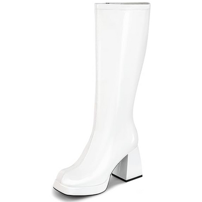 Weiße Damenstiefel, kniehoch, Blockabsatz, modisch, Kunstleder, elegant, Herbstmode.