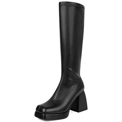 Schwarzer Damenstiefel, kniehoch, Leder, Blockabsatz, modisch, elegant, Herbstmode.