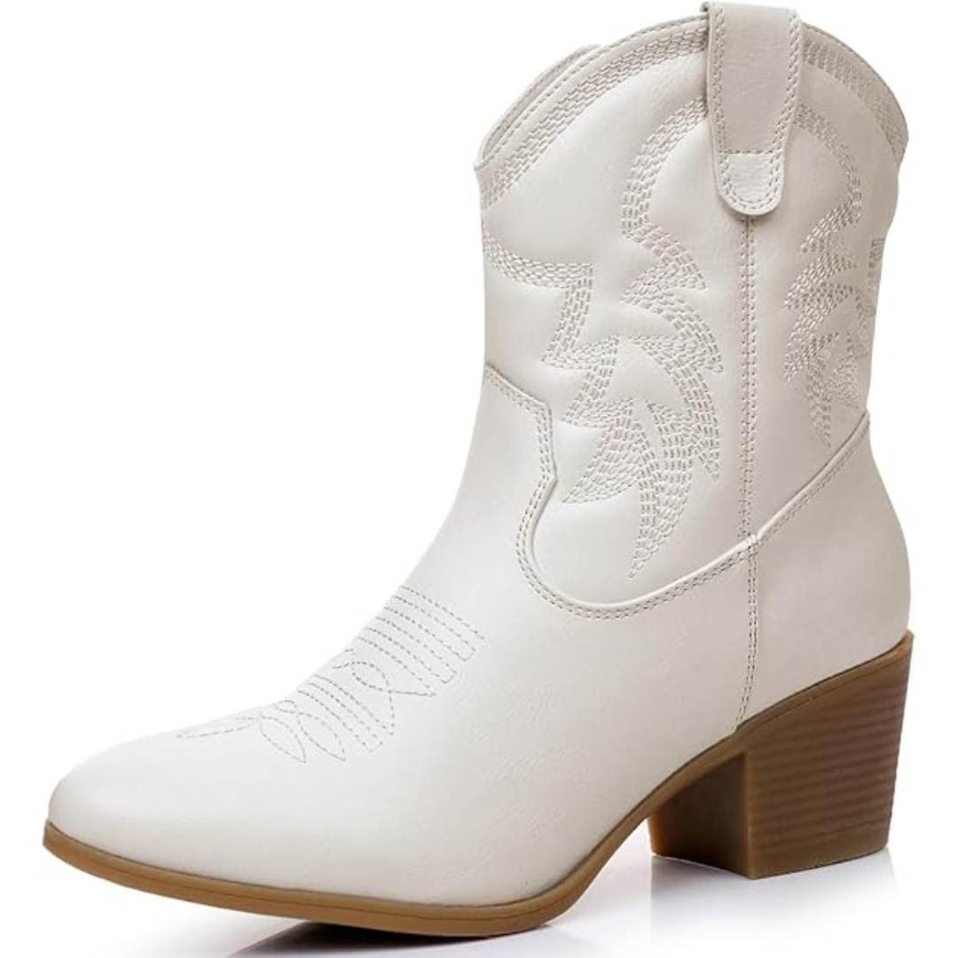 Weiße Cowboystiefel aus Leder mit Absatz, Westernstil, Damenmode, besticktes Design.
