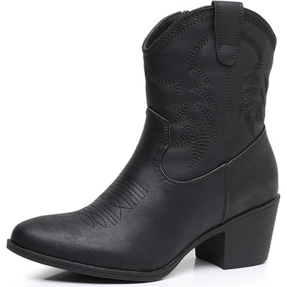 Schwarzer Cowboy-Stiefel aus Leder mit Absatz, Western-Design, Damenmode, Herbstschuh.