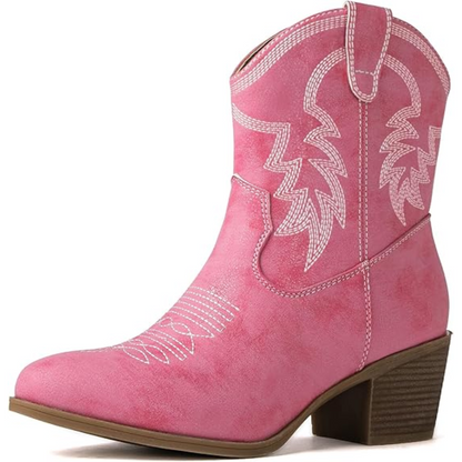 Rosa Cowboystiefel Damen, Wildleder, Stickerei, Blockabsatz, Westernstil, modisch.