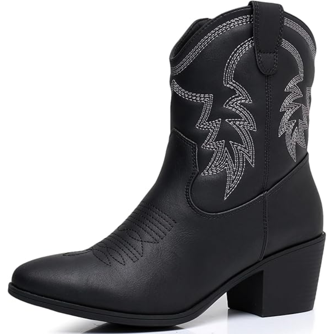 Schwarzer Cowboy-Stiefel aus Leder mit Absatz und Stickerei, Western-Design, Damenmode.
