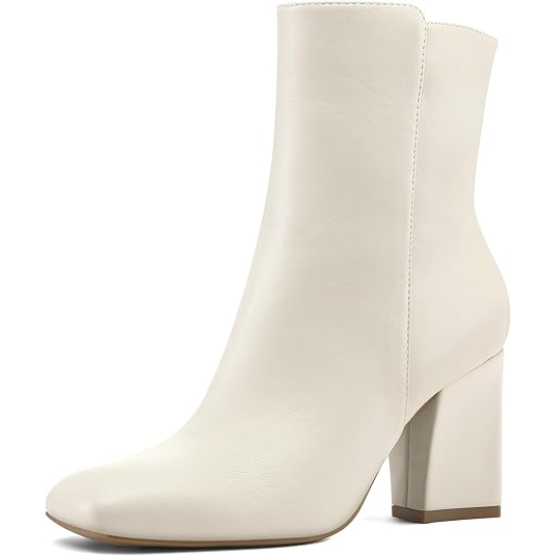 Weiße Damenstiefelette, Leder, Blockabsatz, modisch, elegant, Herbstmode, Schuhtrends.
