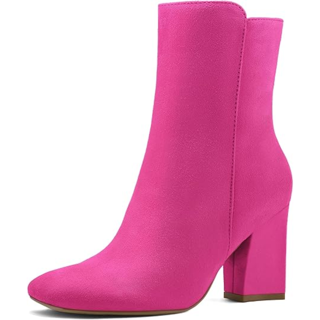 Pinkfarbener Damenstiefel, Blockabsatz, Wildlederoptik, modisch, elegant, Herbstmode.