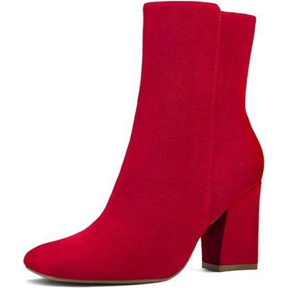 Roter Damenstiefel aus Wildleder mit Blockabsatz, modisch, elegant, Herbst-Winter-Schuh.