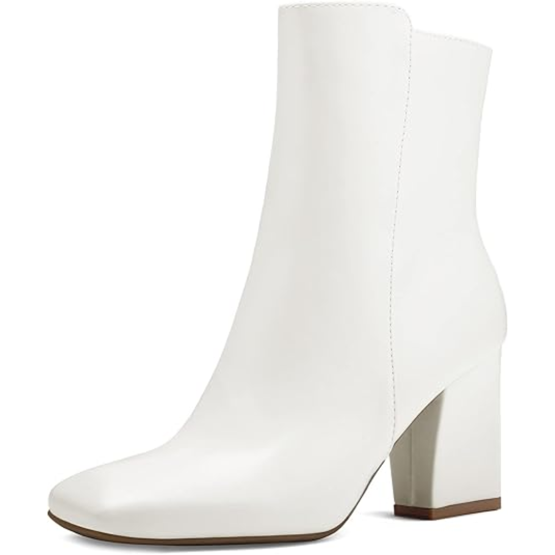 Weiße Damenstiefelette, Leder, Blockabsatz, modisch, elegant, Herbstmode, Schuhtrends.