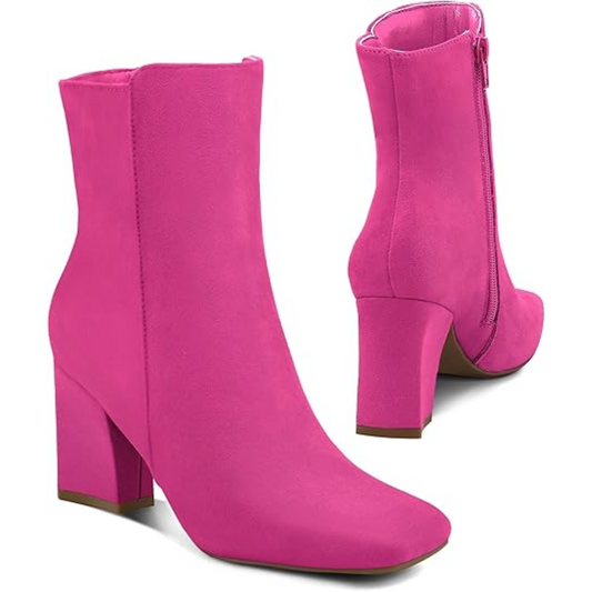 Pinkfarbene Damenstiefeletten mit Blockabsatz, Reißverschluss, Wildlederoptik.