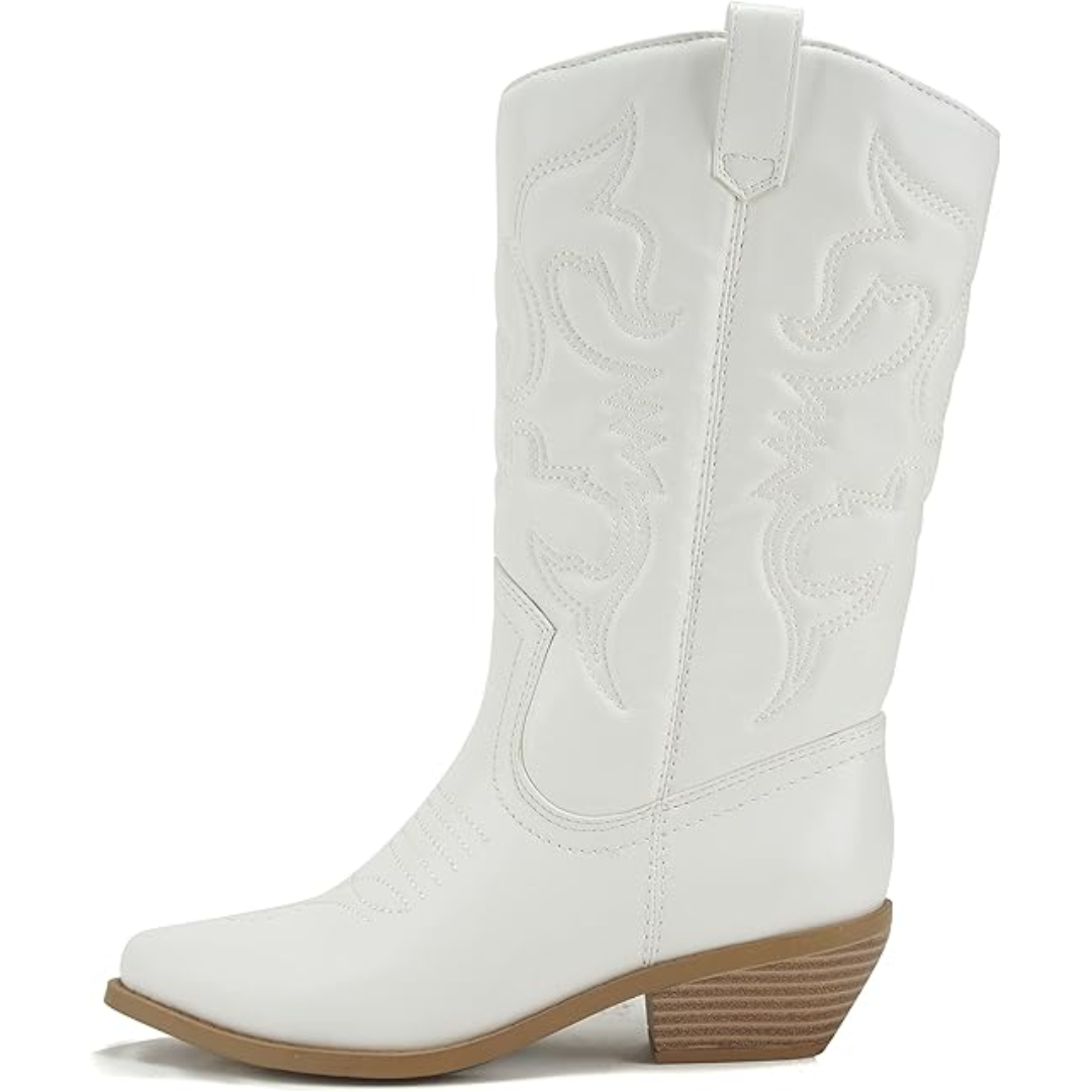 Weiße Cowboystiefel aus Leder mit Absatz, Westernstil, Damenmode, Stickmuster.