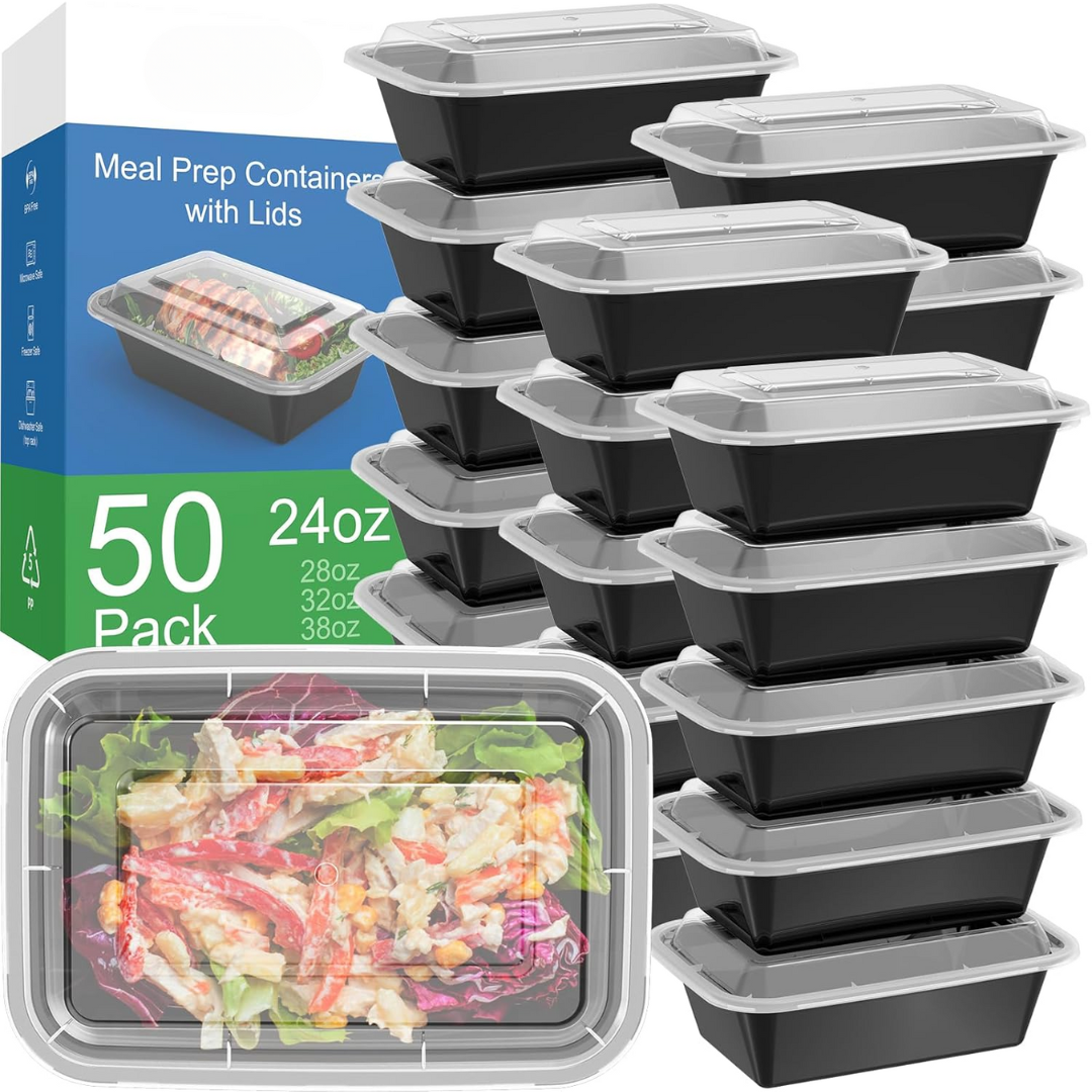 50er-Pack schwarze Meal-Prep-Behälter mit Deckel, 24oz, stapelbar, für Lebensmittelaufbewahrung.