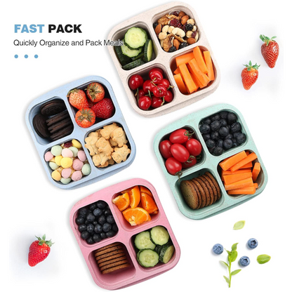 Bunte Bento-Boxen aus Kunststoff mit Obst und Snacks, ideal für Mahlzeiten unterwegs.