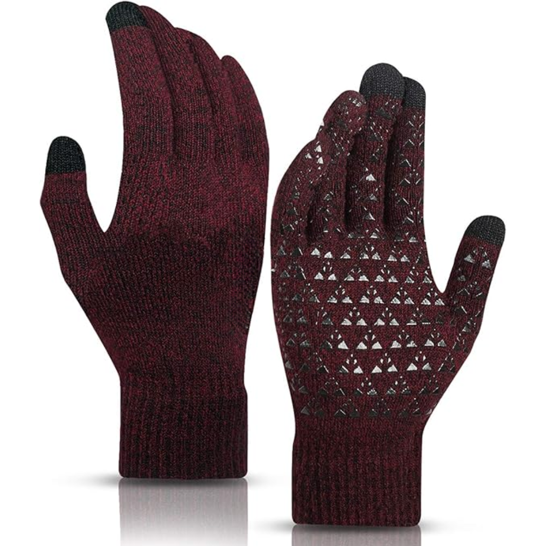 Bordeauxfarbene Touchscreen-Handschuhe, gestrickt, rutschfest, für Winter, Smartphone-kompatibel.