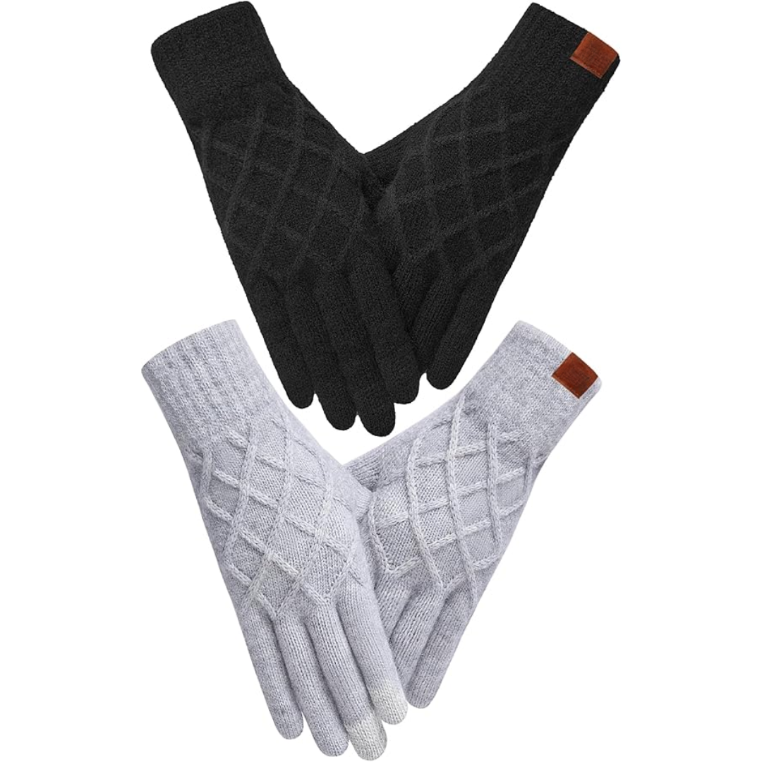 Zwei Paar gestrickte Winterhandschuhe, schwarz und grau, mit Touchscreen-Funktion, Unisex.