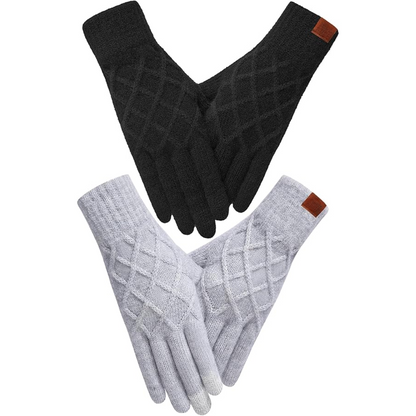 Zwei Paar gestrickte Winterhandschuhe, schwarz und grau, mit Touchscreen-Funktion, Unisex.