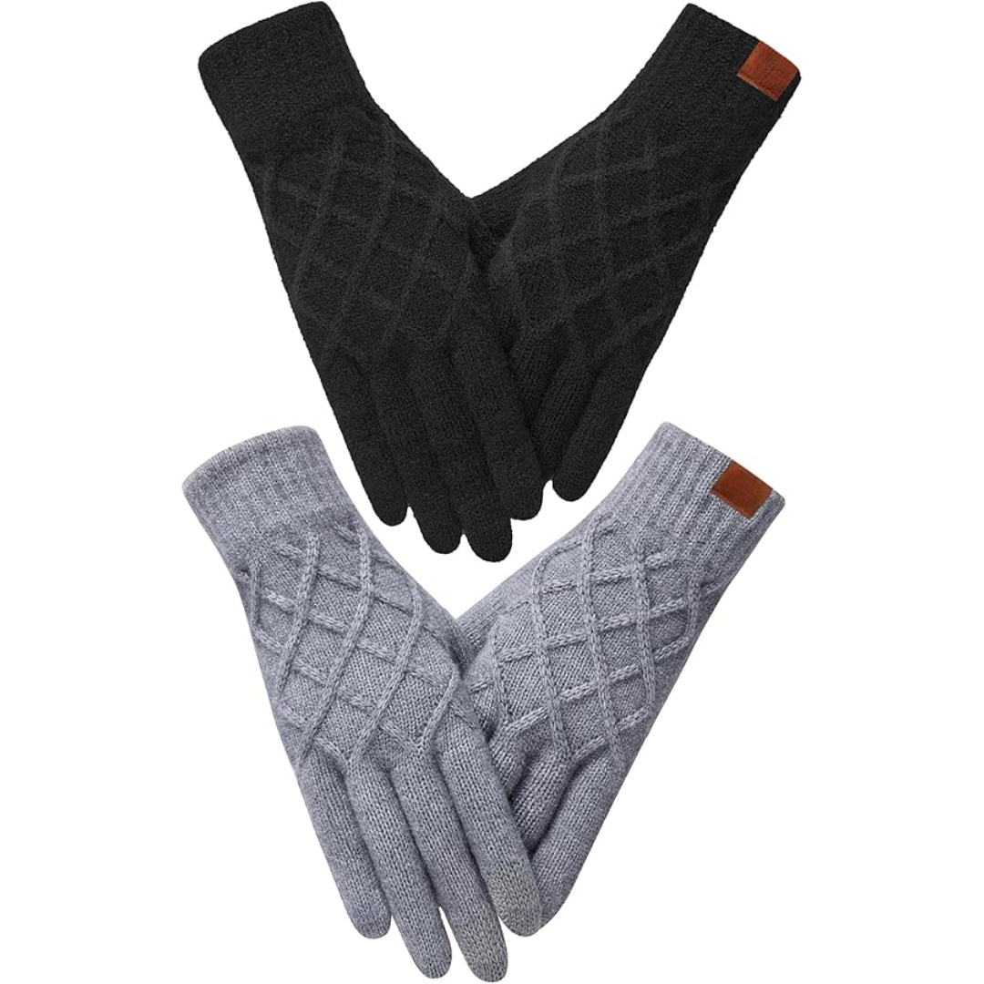 Zwei Paar gestrickte Winterhandschuhe, schwarz und grau, mit Rautenmuster, für Damen und Herren.
