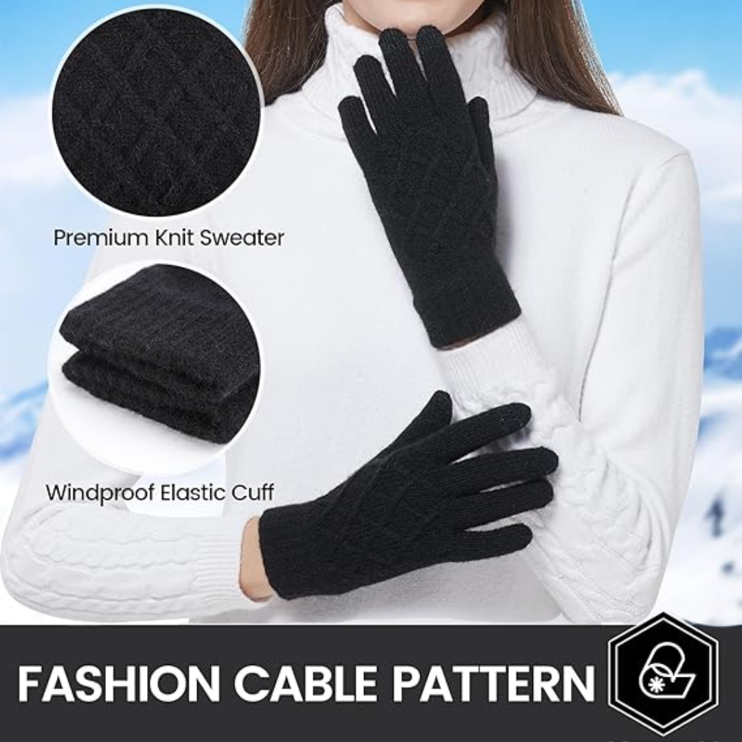 Damenhandschuhe schwarz, Strickmuster, winddicht, elastische Bündchen, Wintermode.
