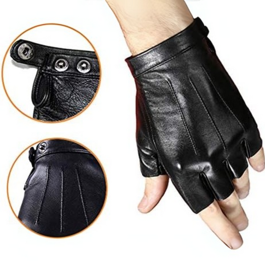 Schwarze fingerlose Lederhandschuhe, verstellbar, für Motorradfahrer, mit Druckknöpfen.