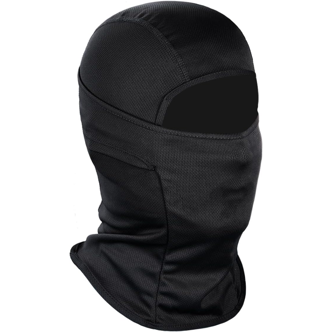 Schwarze Sturmhaube aus Polyester, winddicht, ideal für Motorradfahren und Wintersport.