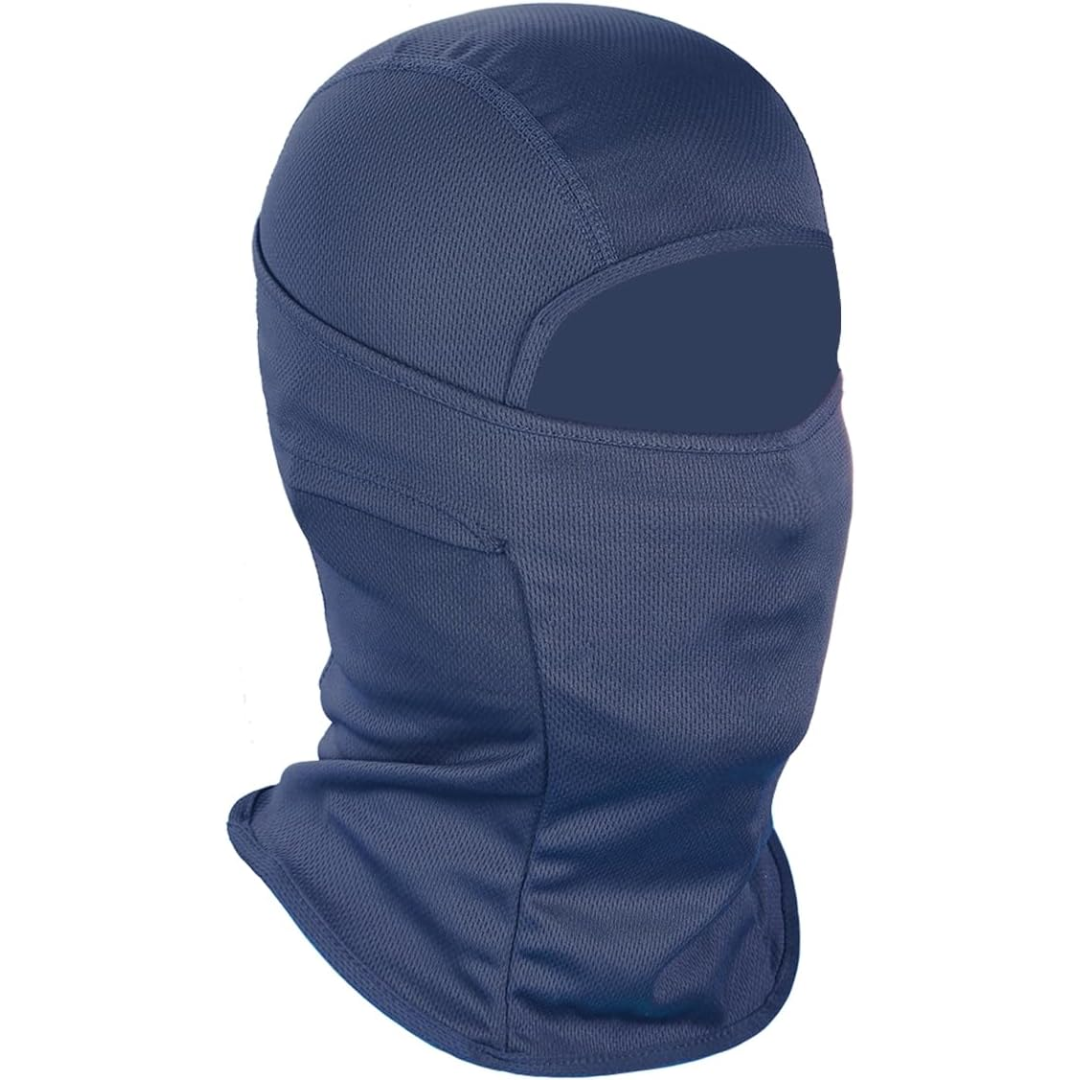 Dunkelblaue Sturmhaube aus atmungsaktivem Material, ideal für Outdoor-Sportarten im Winter.