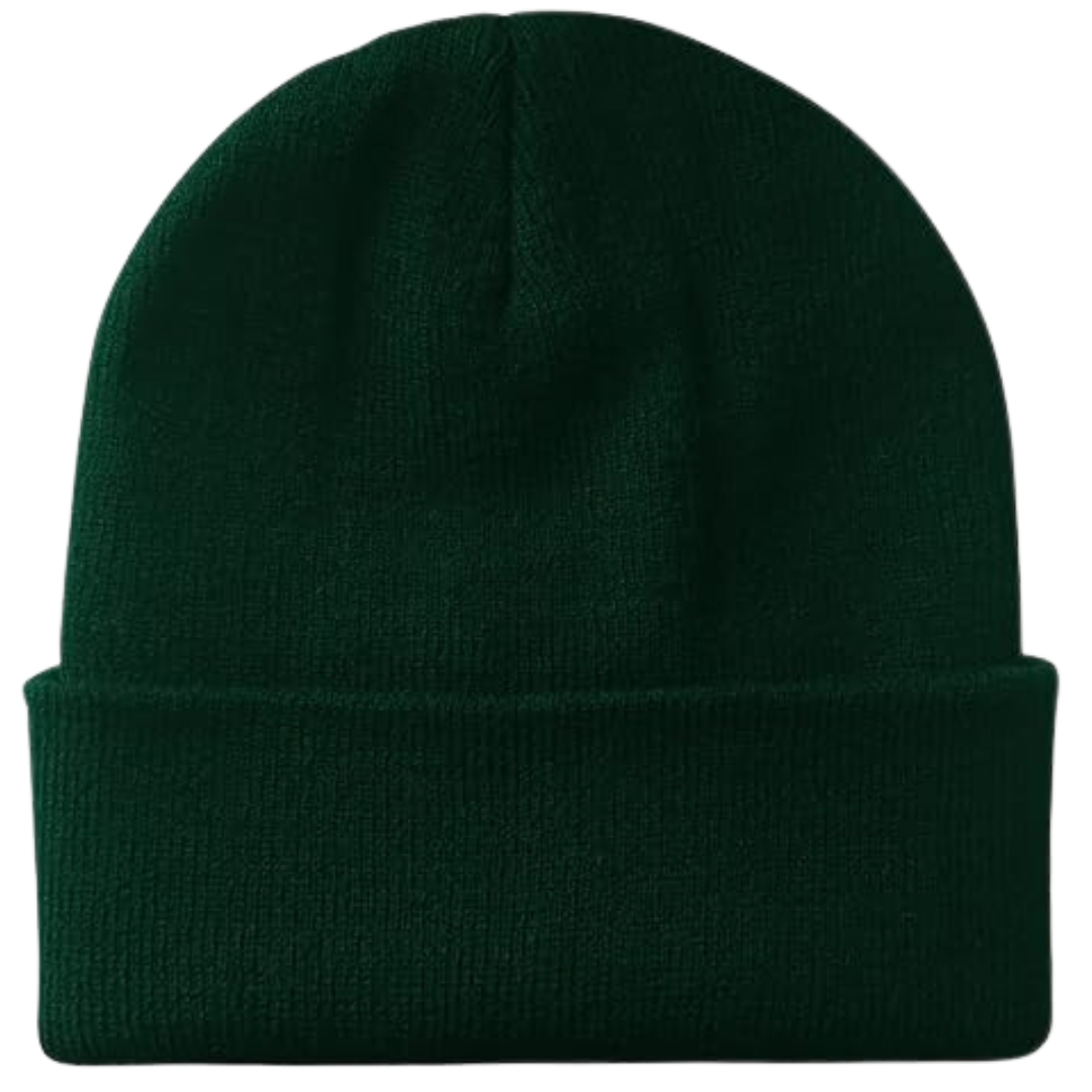 Dunkelgrüne Strickmütze, Unisex, Wintermode, warme Beanie, weiches Material, modisches Accessoire.