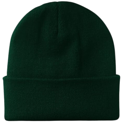Dunkelgrüne Strickmütze, Unisex, Wintermode, warme Beanie, weiches Material, modisches Accessoire.