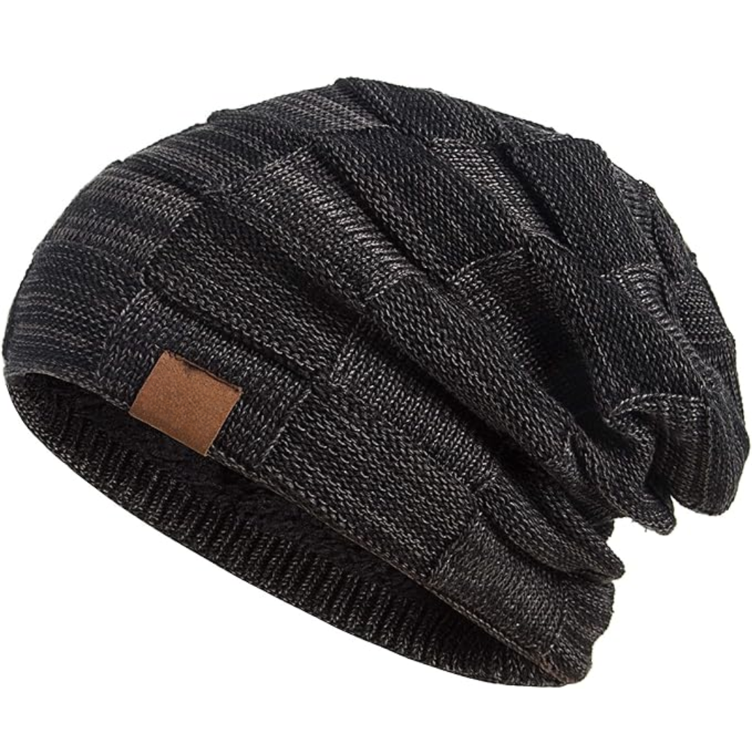 Schwarze Strickmütze, Herrenmode, Winteraccessoire, warm, stilvoll, mit Lederetikett.
