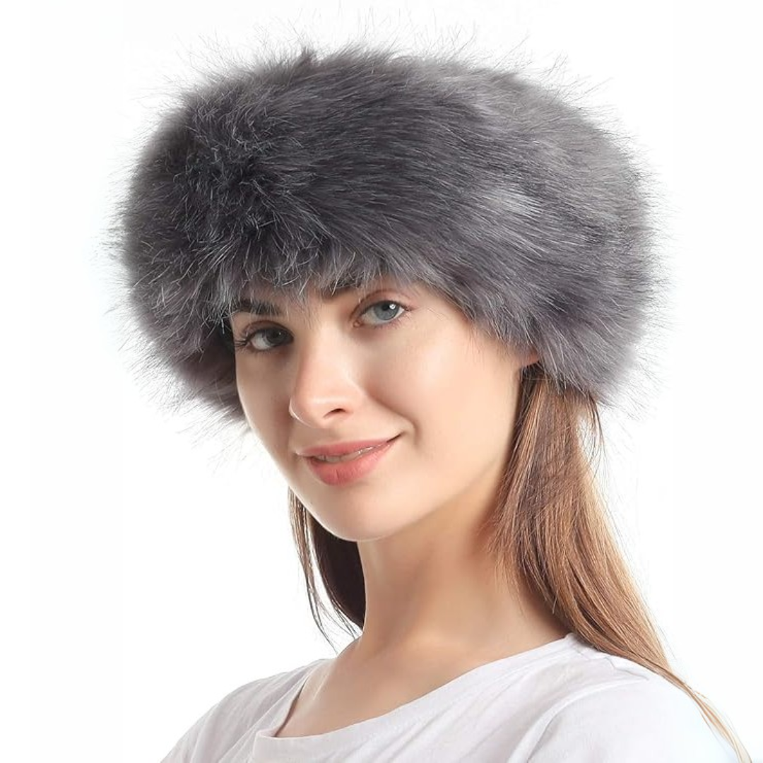 Damen Pelzmütze grau, Wintermode, warm, stilvoll, Accessoire, Kunstpelz, elegant, modisch.