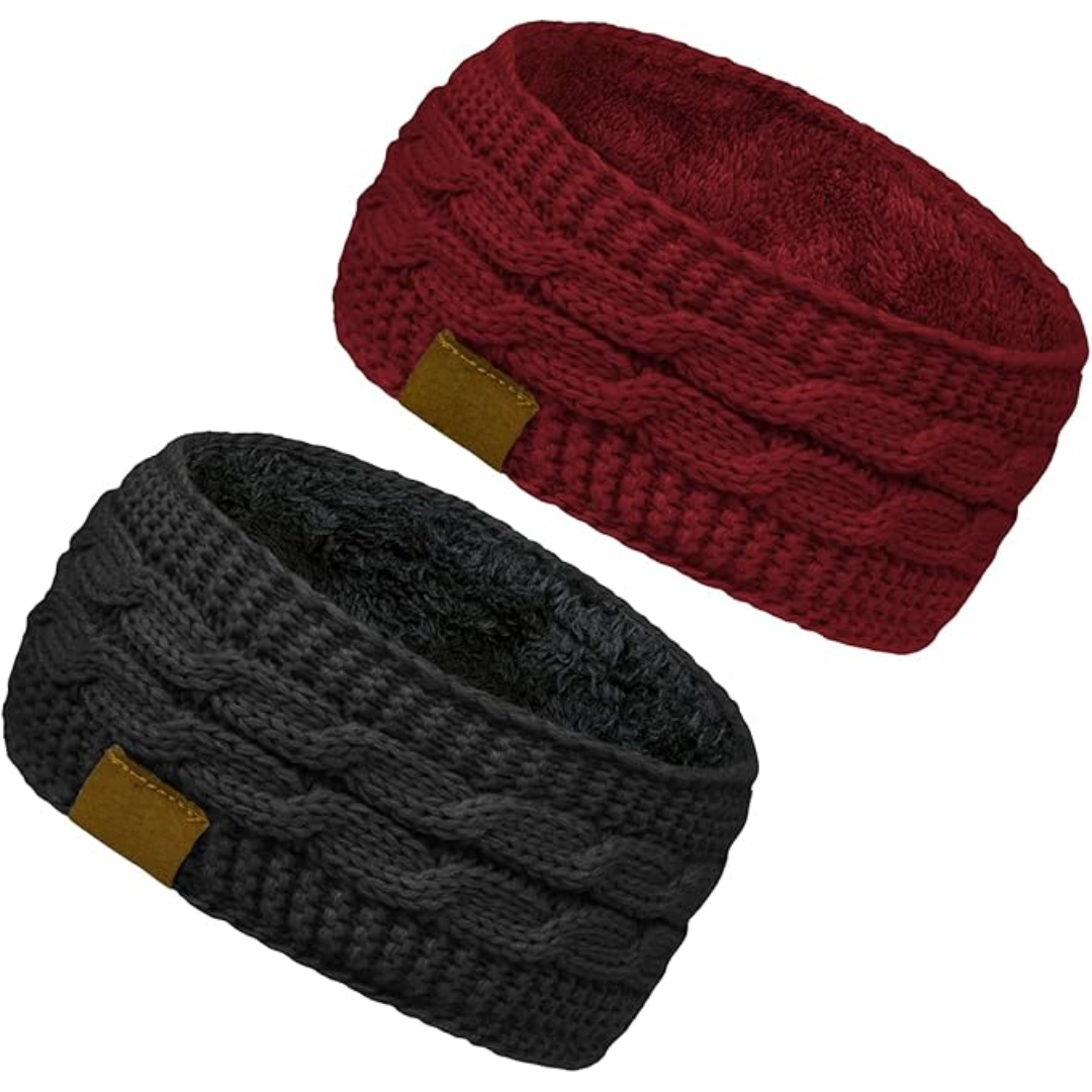 Zwei gestrickte Stirnbänder, rot und schwarz, mit Zopfmuster, warmes Winterzubehör.