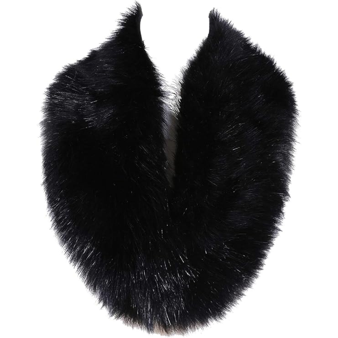 Schwarzer Kunstpelzkragen, flauschig, modisches Accessoire, Wintermode, Damenbekleidung.