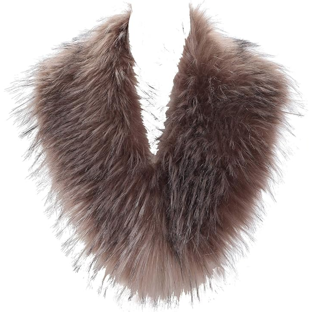 Brauner Kunstpelzkragen, flauschig, modisches Accessoire, Wintermode, Damenbekleidung.