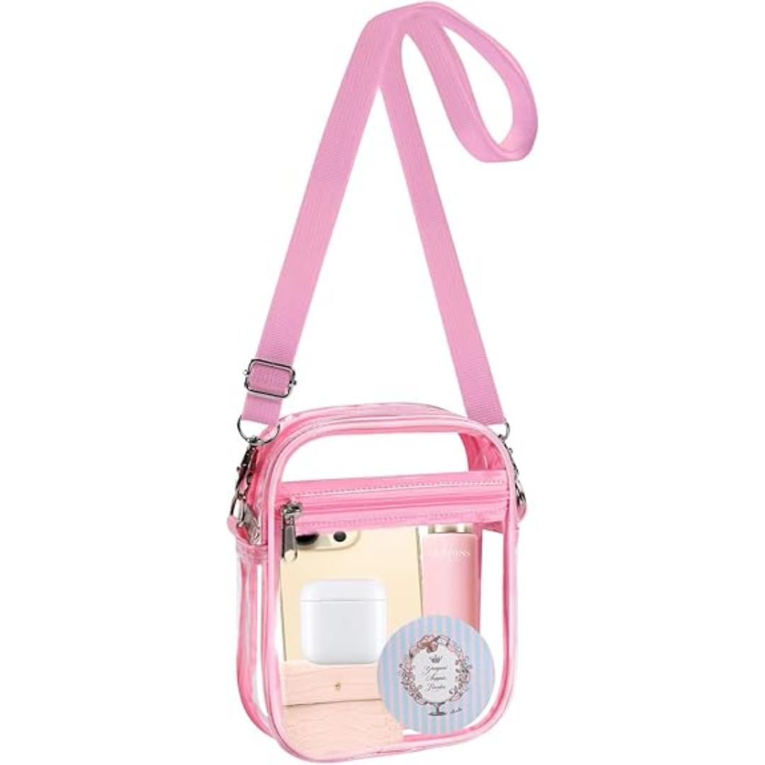 Rosa transparente Umhängetasche, PVC, ideal für Konzerte, Stadion, mit Handy und Kosmetik.